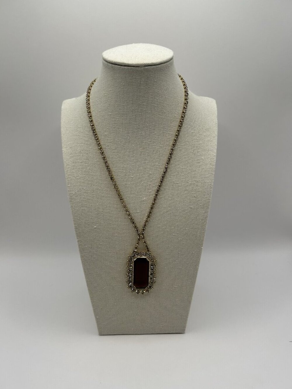 Vintage Statement Brown Glass Rhinestone Pendant Necklace Gold Tone Glam Style - Picture 2 of 16
